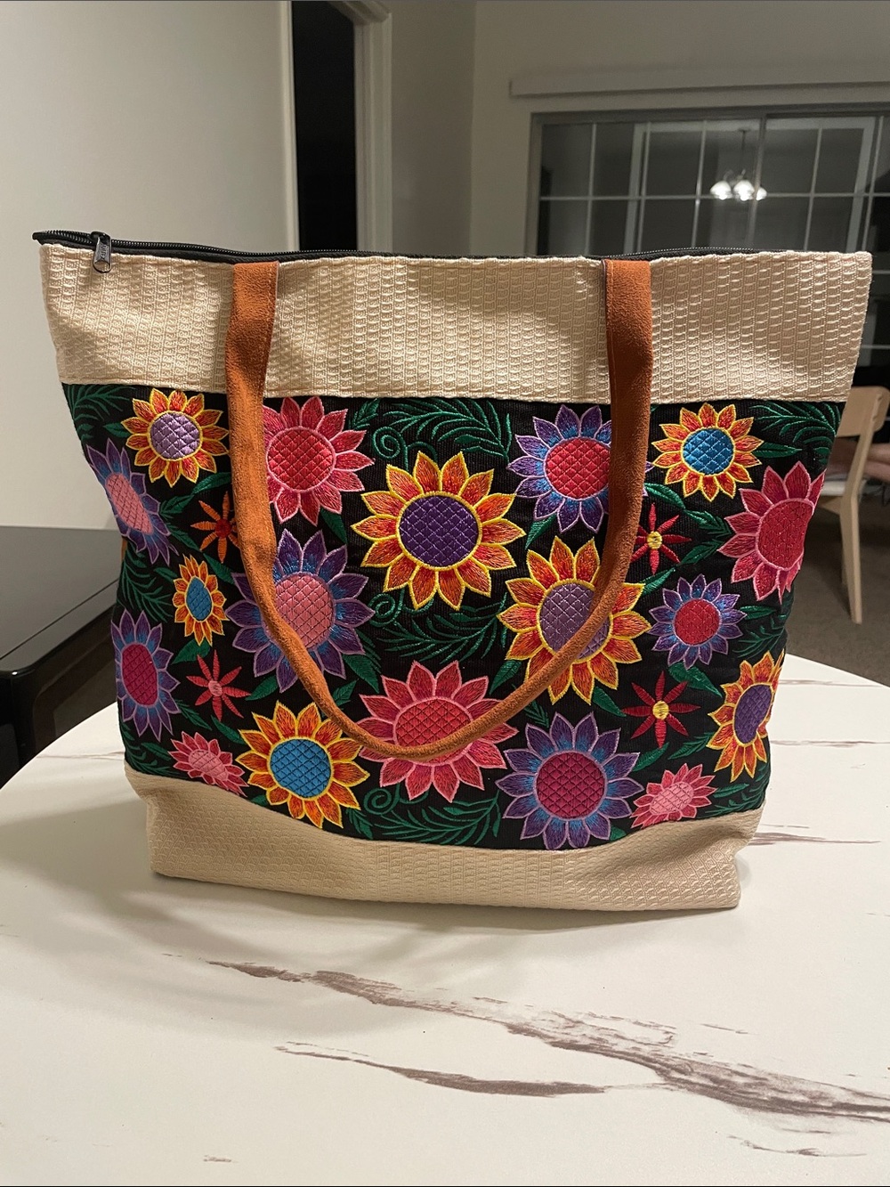 NWOT Embroidered Floral Tote Bag - Black with Colorful Flowers